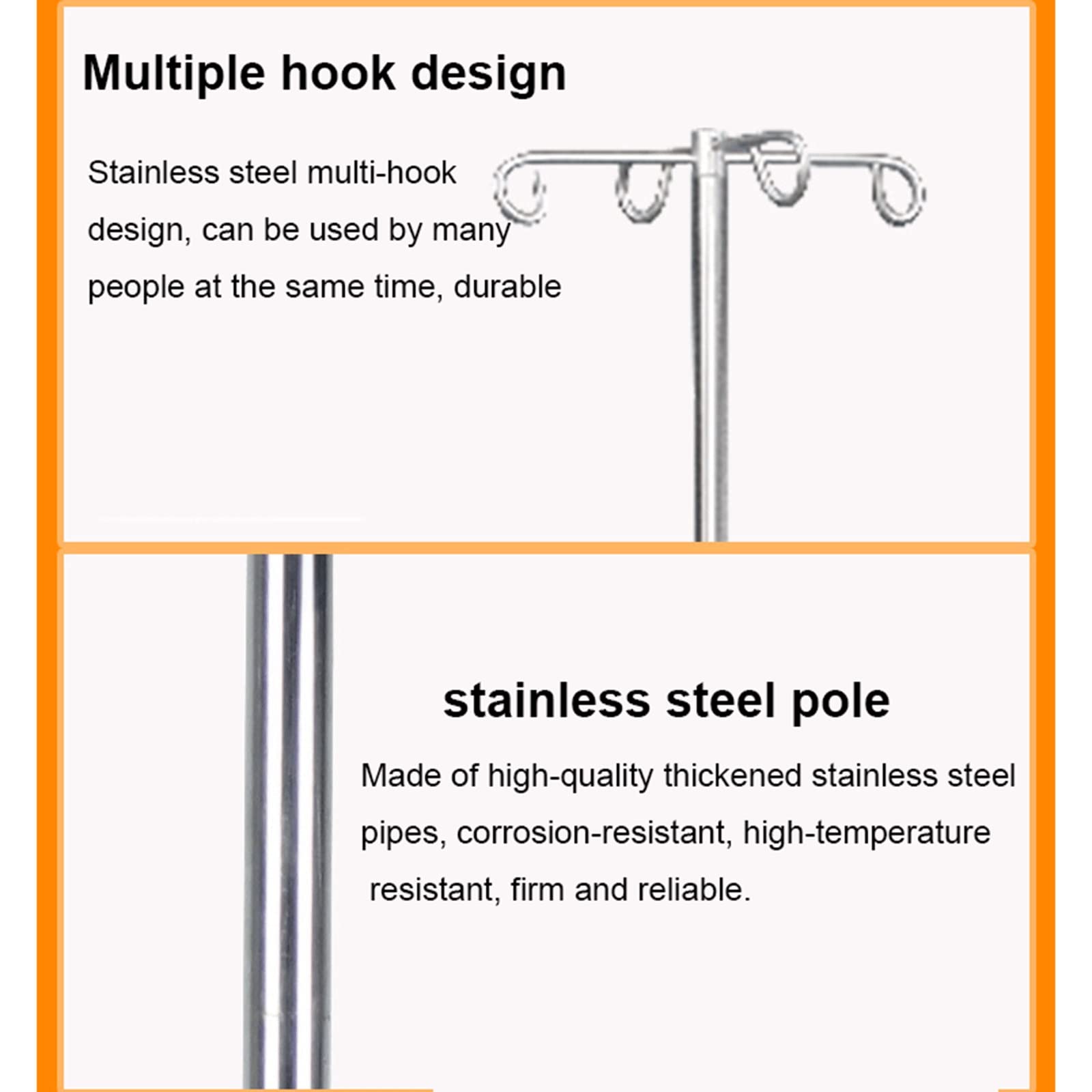 Stal nierdzewna IV Drip Stand, Stojak na kroplówkę ze stali nierdzewnej z kółkami o regulowanej wysokości 110-200 cm Multi Hook do opieki zdrowotnej