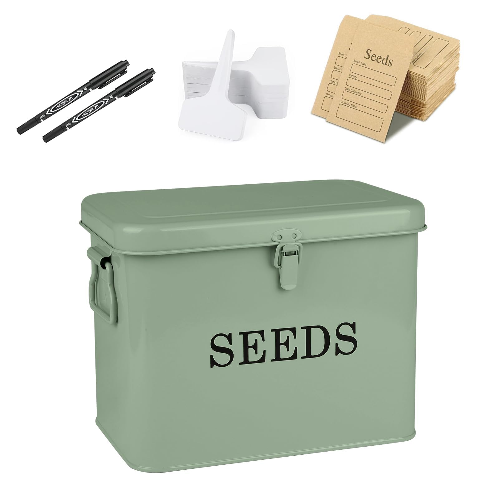Punorric Seed Storage Box Organiser, Metal Storage Box with Dividers & Lock, Seed Boxes & Organisers with Seed Envelopes, Greenhouse Accessories and Garden Gift for Gardeners - Green