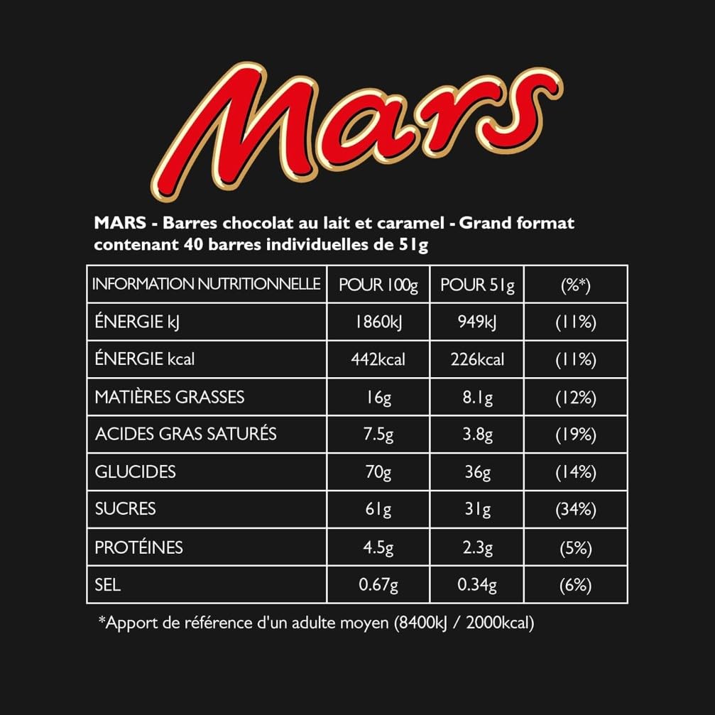 MARS - Barres Chocolat au Lait, Nougat & Caramel - Grand format - 40 barres chocolatées individuelles de 51g