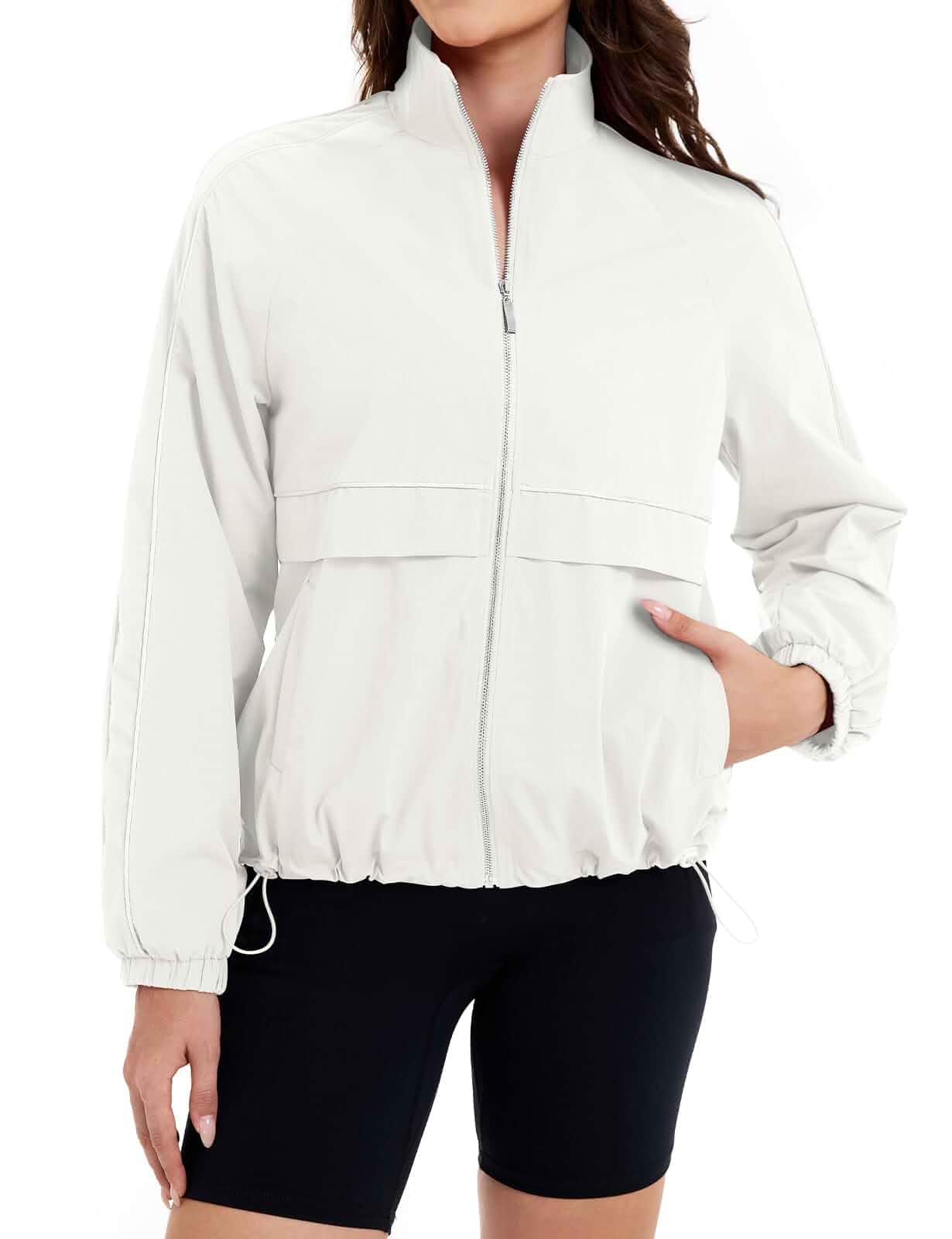 LURANEE Women's Lightweight Zip Up Windbreaker Athletic Workout Jackets Cropped Length,2 Pockets,Adjustable Drawstring,Full Zip,Stand Collar,Windproof,Sun Protection,Outdoor Hiking,Running,Casual