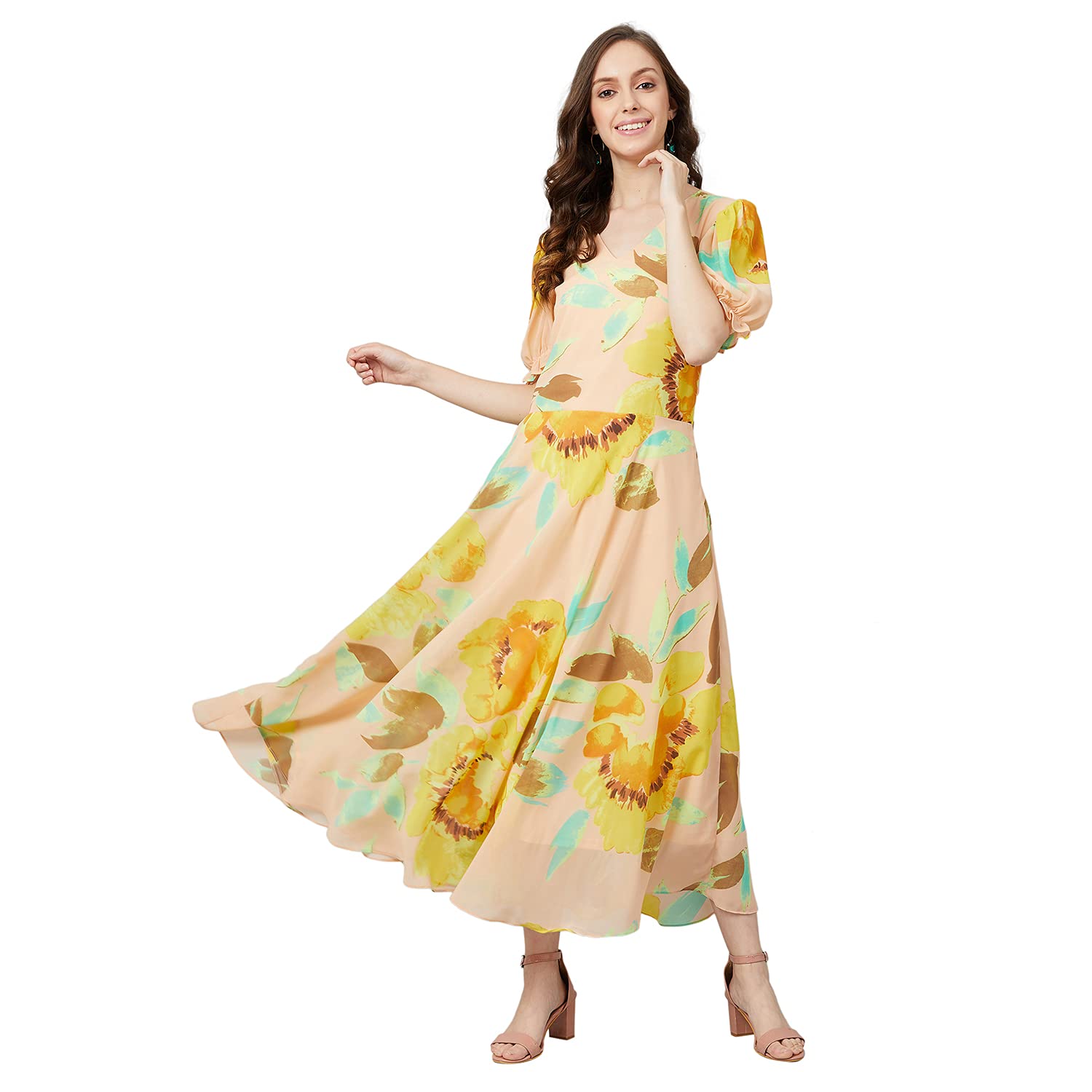 Rare Women's Georgette Fit And Flare Midi Casual Dress (Ep6504_Yellow_Medium)