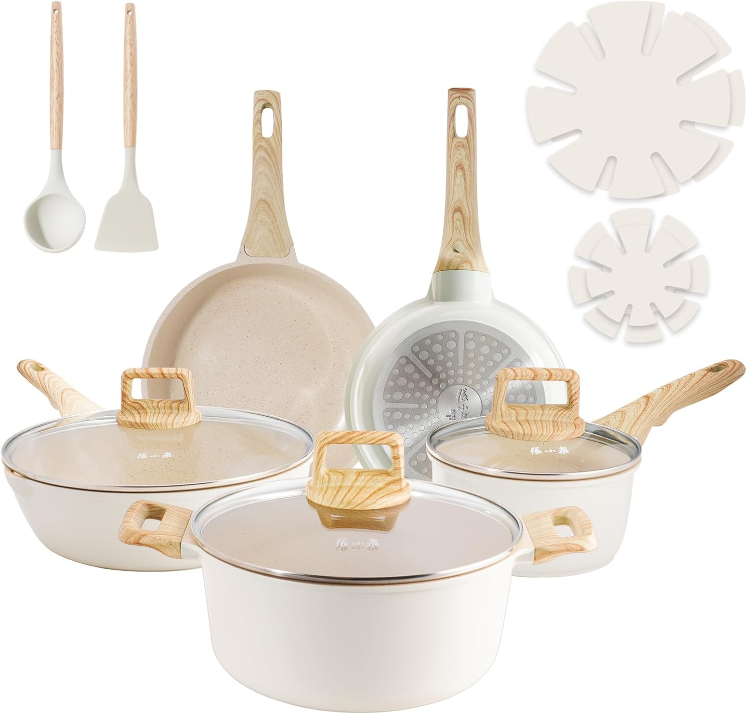 ZHANG XIAO QUAN SINCE 1628 Pots and Pans Set with Lids, 14 PCS Cast Aluminium Non Stick Ceramic Coating Granite Cookware Set, Non-toxic Kitchen Essentials, Beige Beige Granite 14PCS Non Stick Pots and Pans Set