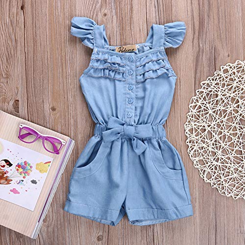 Rtnnsbbfcm Toddler Baby Girl Ruffle Romper Bodysuit Summer Sleeveless Denim Bowknot Jumpsuit with Pocket Outfit Clothes (Blue, 3-4T)