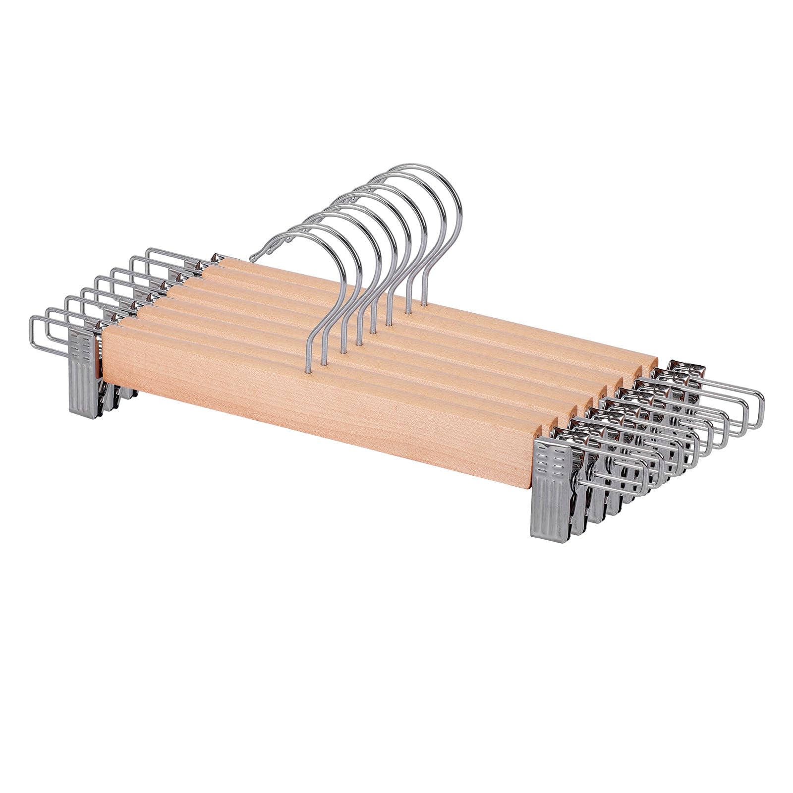 Wooden Hangers with Clips for Trousers - 10 Pack Adjustable Clothes Hangers, Anti-Slip Trouser Hangers for Jeans Slacks Skirts, Space Saving Wardrobe Organiser