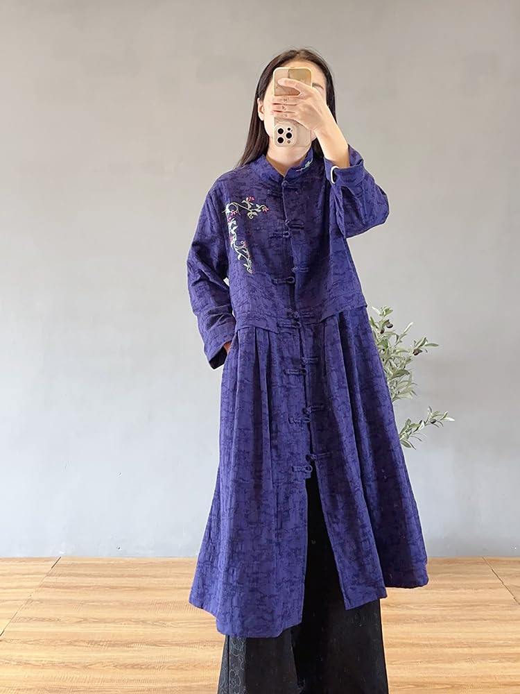 PRINCESS BRIDE Cotone Lino Elegante Ricamo Donna Rana Pulsante Leggero Cardigan Lungo Trench Cappotto Outwears Camicia Sciolta Giacca Taglia Unica, Blu Navy