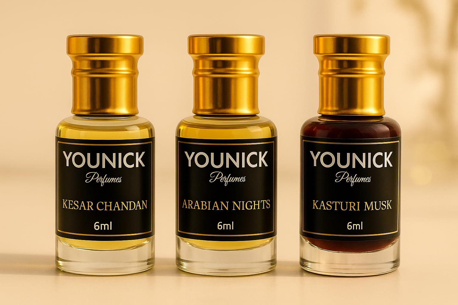 Younick Perfumes Kasturi Musk, Kesar Chandan, Arabian Nights Attar Combo (6MLx3, Total 18 ML) - Strong Arabic Attars For Men-image-9