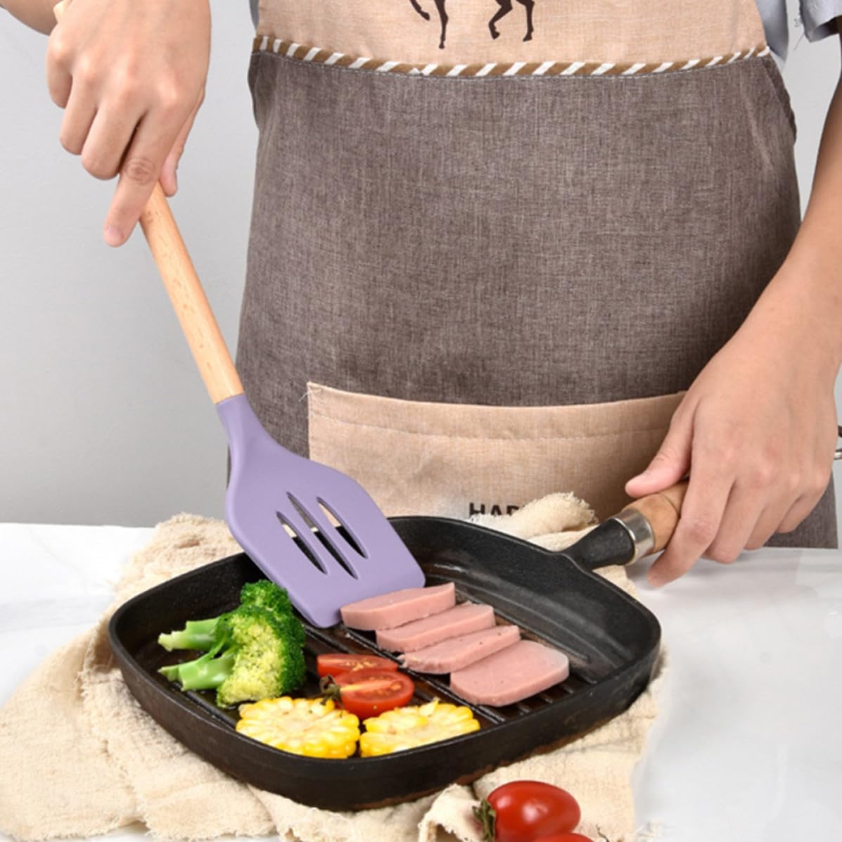 Set Utensili Cucina in Silicone Manico in Legno