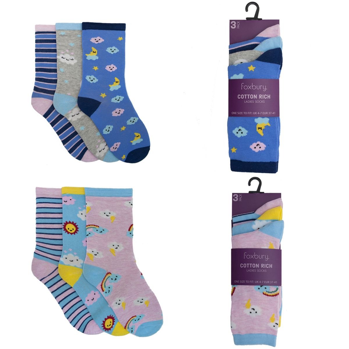 6 PAIRS OF LADIES/WOMENS 3 PACK CLOUD DESIGN COTTON RICH SOCKS