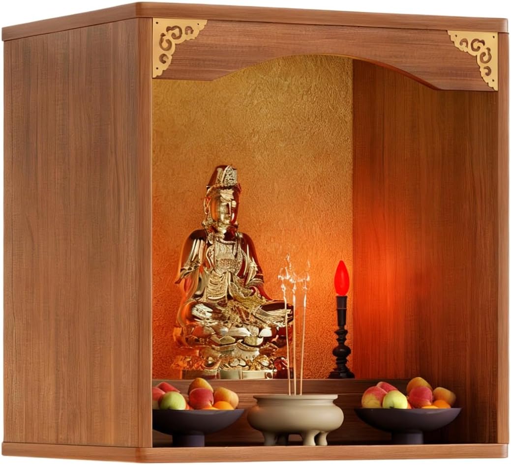 Meditation Altar Table，Personal Shrine Stand，Wall-Mounted Shrine Altar，Open Buddhist Offering Display Stand，for Worship and Offerings(Brushed Oak,60 * 40 * 60cm)