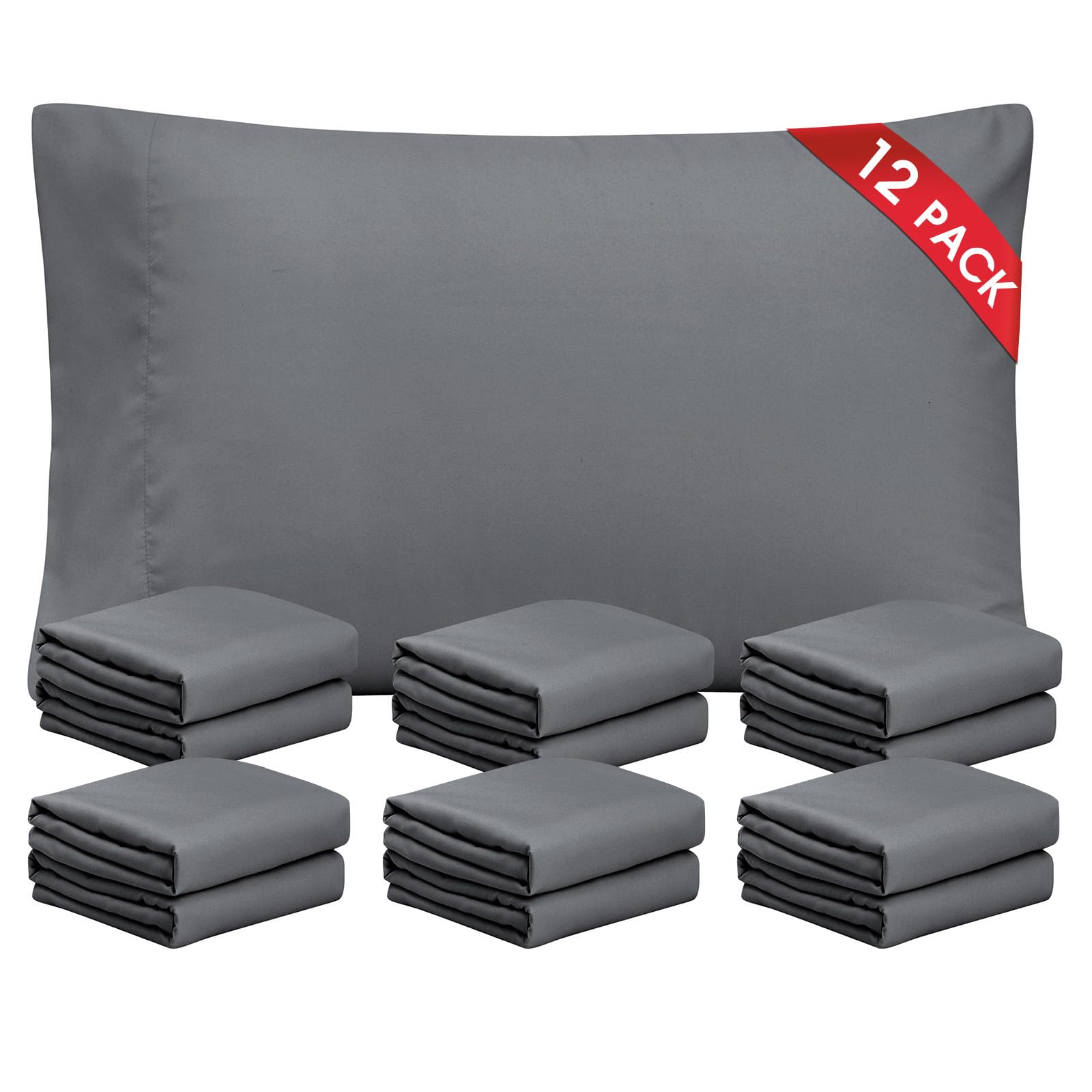 FreshCulture Dark Grey Pillowcases Queen Size 12 Pack - Bulk Pillowcase Set - Envelope Closure - Soft Brushed Microfiber Fabric - 20x30 Inches Pillow Case Set of 12 for Home, Hotels, Schools
