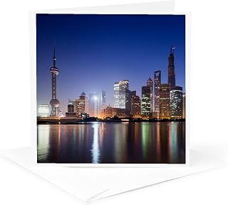 3dRose Greeting Card - Shanghai, Twilight with the Pudong skyline along Huangpu River. - Citys