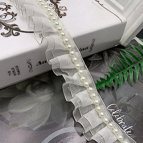 SUNMOVE 5 Yards White Pearl Trim Organza Lace Ribbon Ruffles Beaded Lace Edge Trim Wedding Dress Bridal Ribbon Sew On Applique Cloth Bag Hat Dress Decoration (1.37 inch Wide)