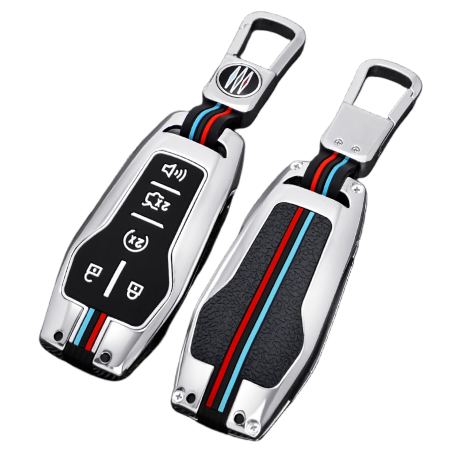 Zinc Alloy Car Key Cover Cases Compatible with Ford Edge Explorer F-150 F-250 Fusion Mondeo Sturdy with Fluorescent Tricolor Strip 5 Buttons (Silver)