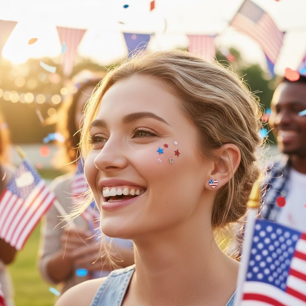 ICYROSE set of 2 pairs 925 Sterling Silver American USA Flag Heart Stud and red & Blue Crystal Star Earrings (Nickel Free) - Image 2