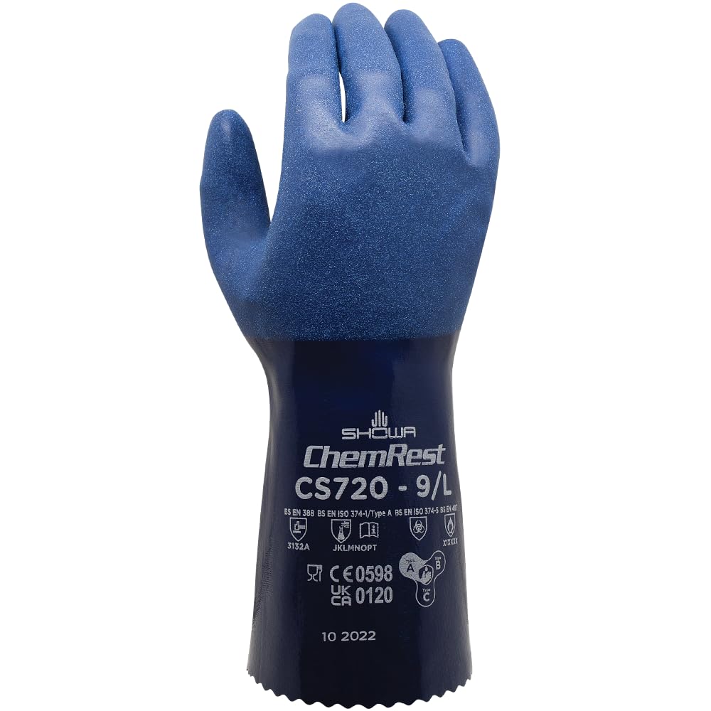 SHOWA CS720 Nitril Chemikalienbeständige Schutzhandschuhe mit Polyester/Nylon-Futter und Rauer Textur, 30,5 cm Lang, Blau, XL