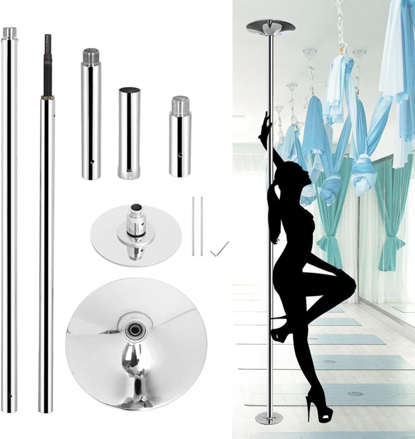 AYCDL Pole Dancing Pole for Home Dancing Pole for Home 2.24m-3.8m High Ceiling, 45mm Spinning Static Dance Pole Kit, Beginners Fitness Exercise, Loads 200kg 45mm Spin,Silver-3.2M-3.7M/10.5ft-12.2ft