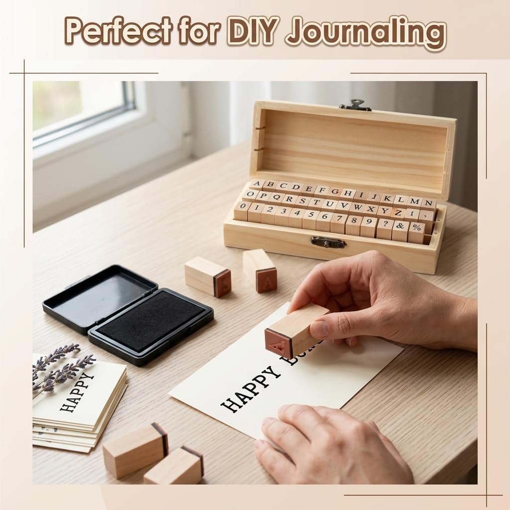 42 Pcs Alphabet Rubber Stamps Set - Vintage Wooden Letter and Number Stamps with Symbols for DIY Crafting, Scrapbooking Supplies, Aesthetic Journaling, Card Making & Personalized Stationery image 4