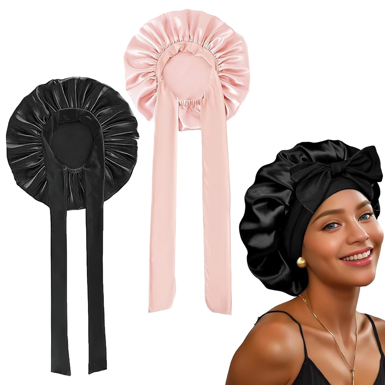 2 Stück Satin Bonnet, Weiche Kopfhaube Schlafhaube Seide, Nacht Schlaf Mütze, Bonnet Seide für Damen und Mädchen