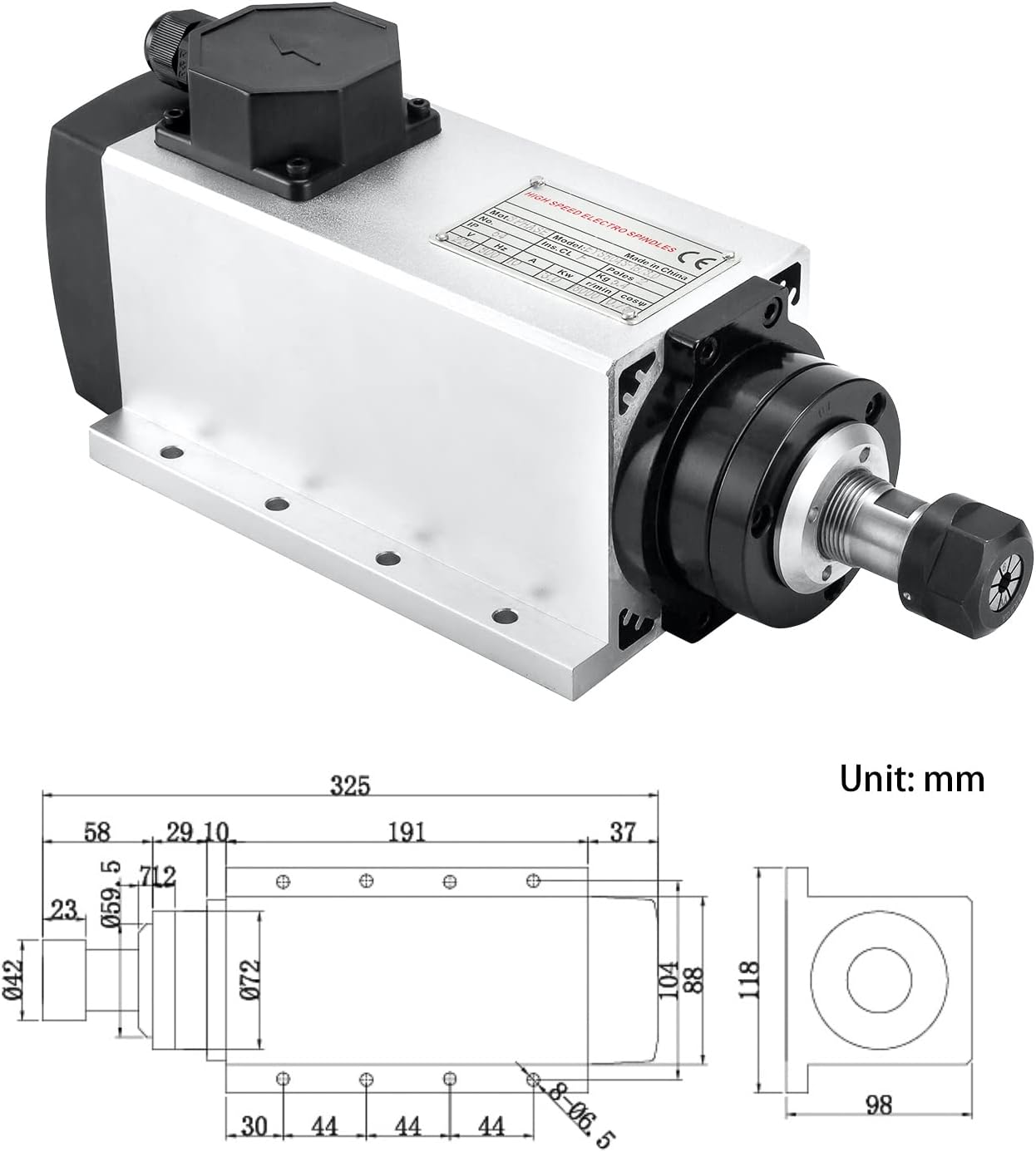 CNC Spindle Motor Kits, 220V 3KW 3000W Air Cooled Spindle Motor Square CNC Spindle CNC Motor + 220V 3.7KW VFD + ER20 13PCS Collets + Aviation Wire + Drill Bits for CNC Router Machine