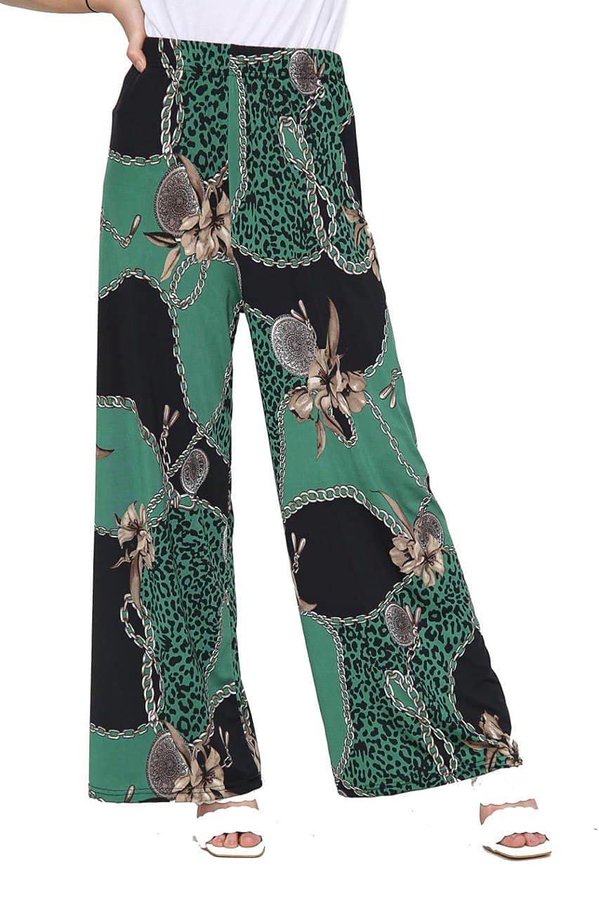 Wearall Women's Green Leopard Chain Plus Size Floral Print Wide Leg Palazzo Trousers Pants - 24-26