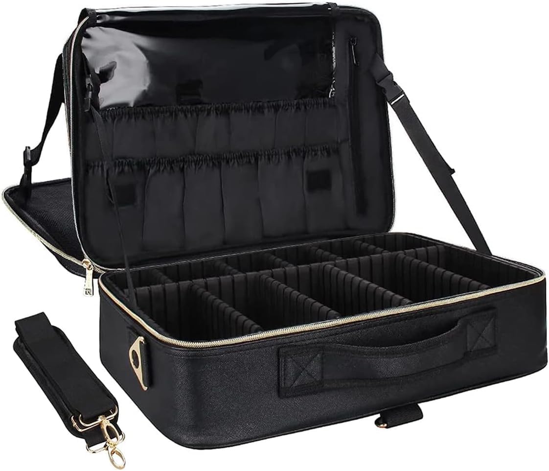 Relavel Makeup Case Large Makeup Bag Professional Train Case 16.5 inches Travel Cosmetic Organizer Brush Holder Waterproof Makeup Artist Storage Box, Large Capacity (Leather Black)