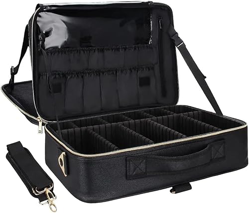 Relavel Travel Makeup Train Case Makeup Cosmetic Case Organizer Portable Artist Storage Bag with Adjustable Dividers for Cosmetics Makeup Brushes Toiletry Jewelry Accessories, Leather Black, Large,