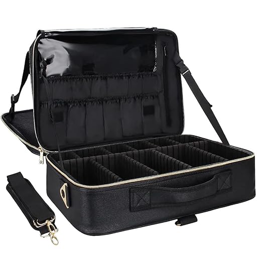 Relavel Makeup Case Large Makeup Bag Professional Train Case 16.5 inches Travel Cosmetic Organizer Brush Holder Waterproof Makeup Artist Storage Box, Large Capacity (Leather Black)