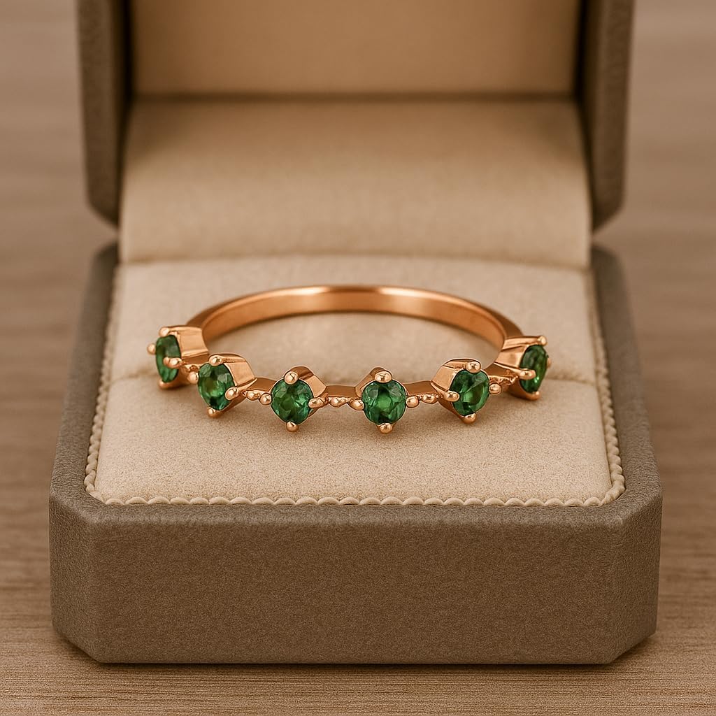 Dainty Emerald Stacking Ring for Women 14k Rose Gold Green Stone Band Minimalist Anniversary Wedding Jewelry Gift for Girlfriend