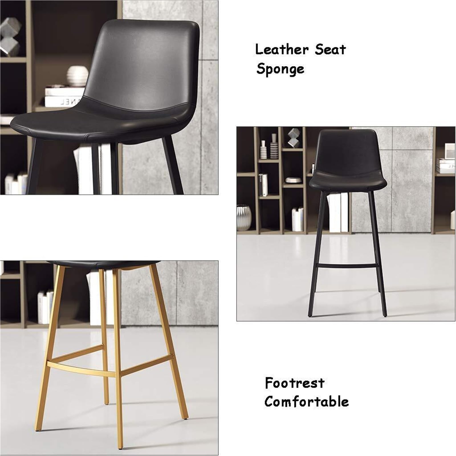 Tabourets de bar rustiques vintage – Tabouret de bar avec dossier, siège de salle à manger en tissu et cuir, pieds en métal de 75 cm de haut, meubles de cuisine gris élégant pour la maison