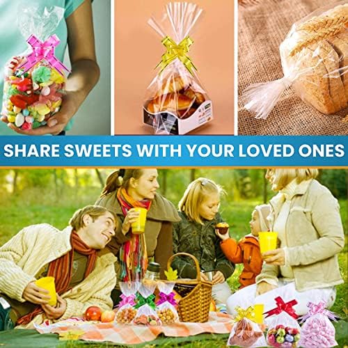 Cellophane Bags, 50PCS Sweet Bags Empty 25x15cm Clear Cookie Bags with Mix Colors Pull Bows, Resealable Plastic Party Bag Sweets for Gifts, Cookie, Baking, Displaying and Party