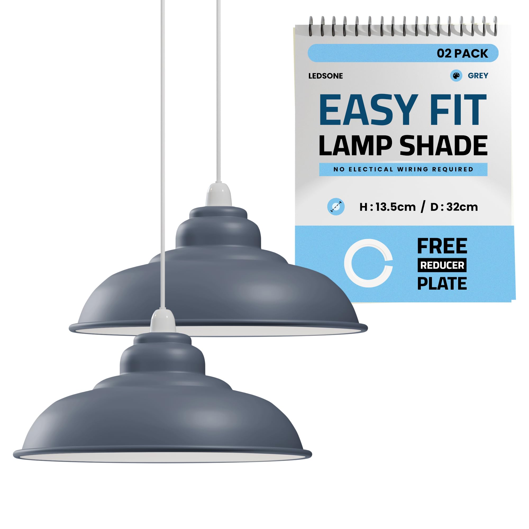 LEDSone Industrial Ceiling Pendant Light Shades, Retro Vintage Style Curvy Shaped Pendant Lamp Shade for Pendant Ceiling Lights (Grey 2 Pack)