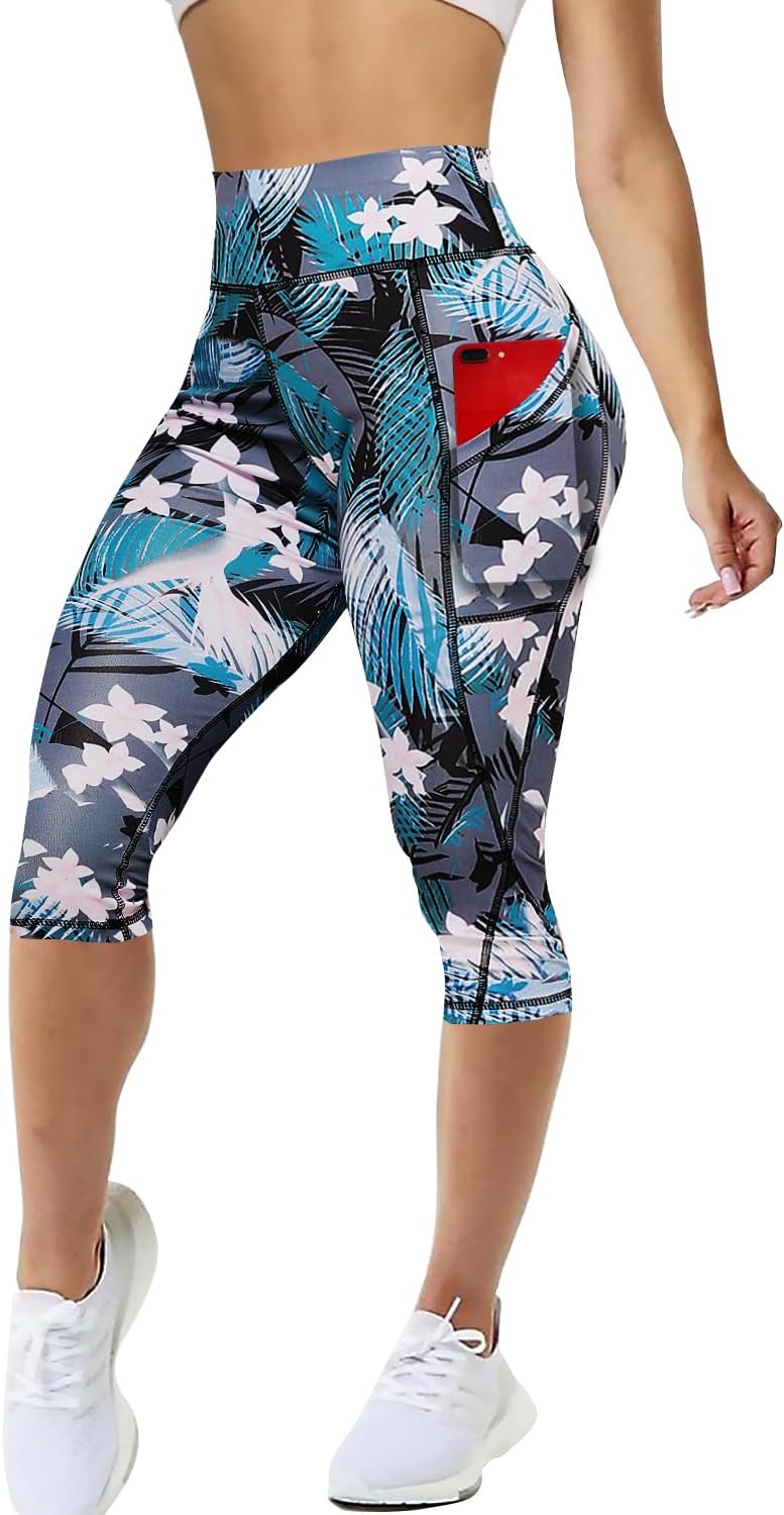 Capri Leggings for Women with Pockets High Waisted Gym Yoga Pants Running Tights