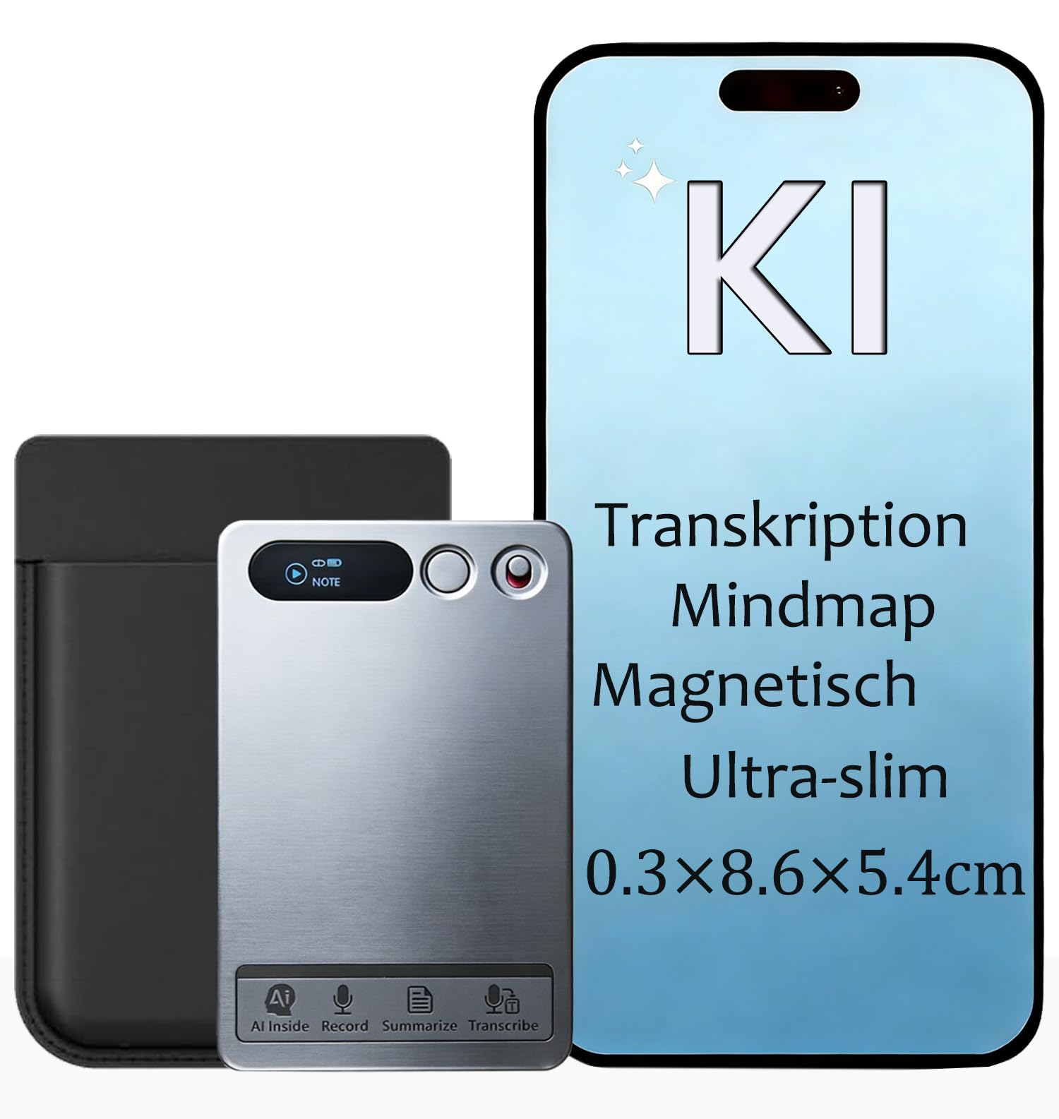 KI Digitales Diktiergerät Aufnahmegerät mit KI Transkription, Mindmap und Zusammenfassen Magnetisch Ultra-Dünn, APP-Steuerung, AI Notiznehmer with152 Sprachen Unterstützt für Vorträge Meetings
