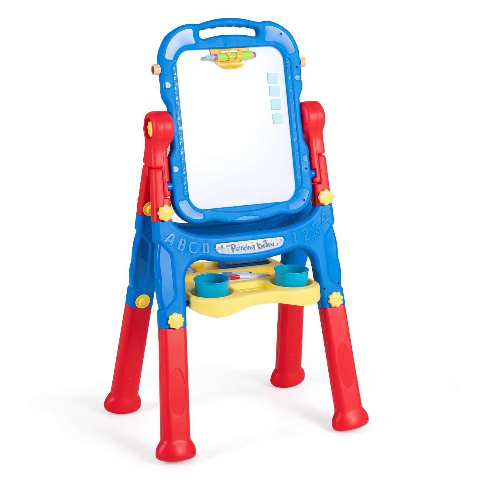 HOMASIS 4-in-1 Kinderstaffelei, Magnetische Kreidetafel & Whiteboard (Blau)