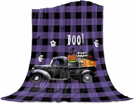 Flannel Fleece Blankets,Halloween Farm Truck Purple Black Bufalo Plaid Soft Cozy Warm Fuzzy Throw Blanket,Ghost Pumpkin Crow Skull All Seasons Use Lightweight Throws for Sofa Couch Bed Travel,30x40in