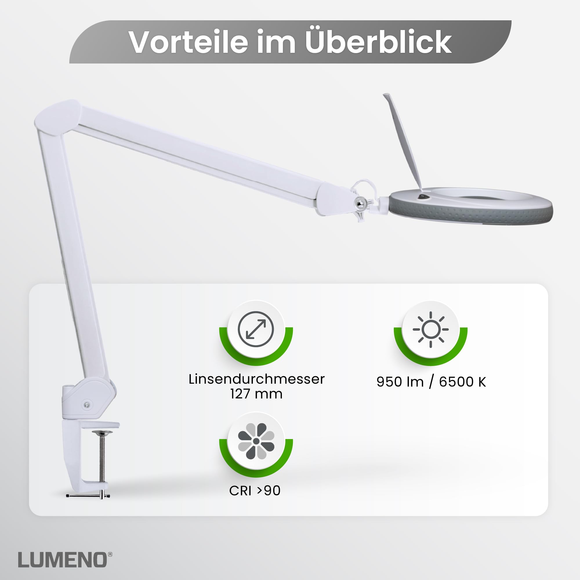 Lumeno Lupenleuchte LED 7215GR, 127 mm Glaslinse, 5 Dioptrien, Standlupe mit Licht, Grau
