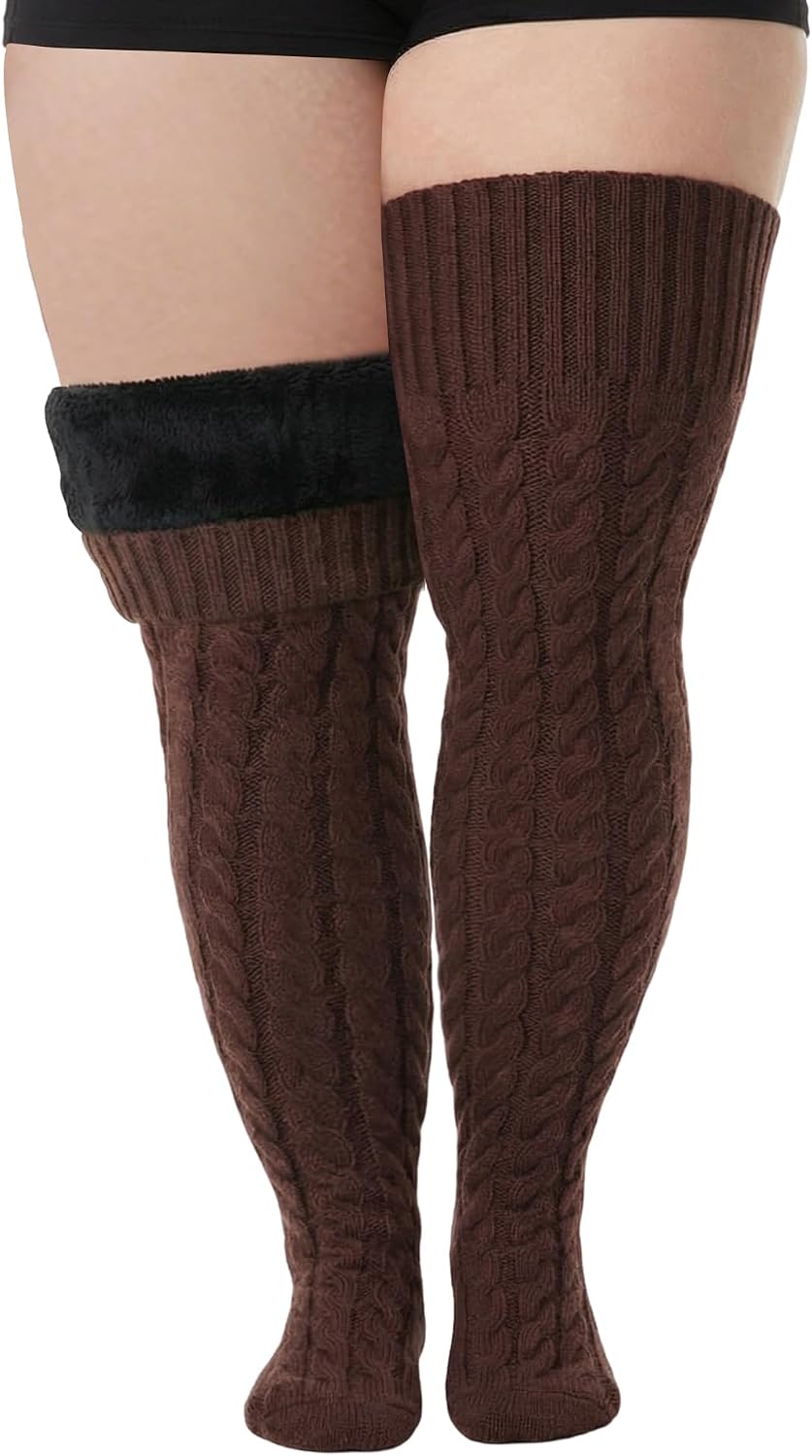 Suhine Plus Size Fleece Lined Thigh High Sock, Women Cable Knit over Knee Leg Warmer Extra Long Winter Stocking Boot Sock