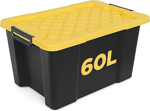 NOVECRAFTO 60L Medium Storage Box with Lid   Heavy-Duty Storage Box with Carry Handles, Durable Plastic, Clip Locks, Stackable   Garage, Shed & Outdoor Use Black