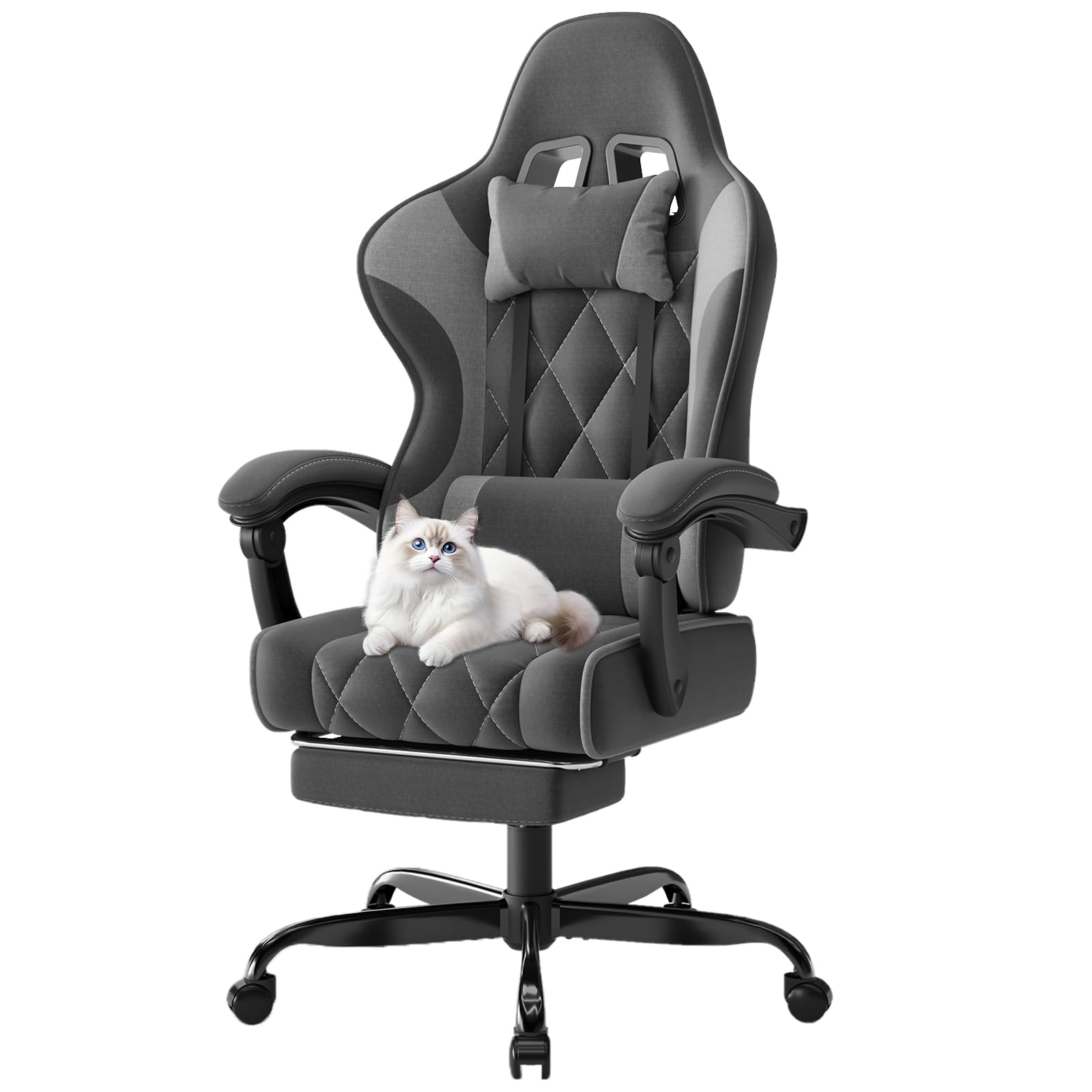 Devoko Silla Gaming Ergonómica de Tela Transpirable con Masaje Lumbar y Reposapiés Retráctil, Silla Gamer Reclinable con Asiento de Muelles Ensacados y Espuma Viscoelástica, Base Metálica, 50 kg, Gris