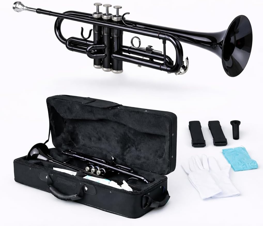 Bb Standard Trumpet for Students & Beginners, Brass Trumpet Set with Hard Case, 7C Mouthpiece, Cleaning Cloth & Gloves, Black Nickel