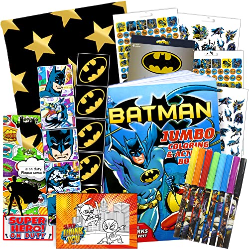 Batman Coloring Book Set Bundle for Kids with Batman Stickers, Markers, 2-Sided Superhero Door Hanger, and Thank You Postcard Craft