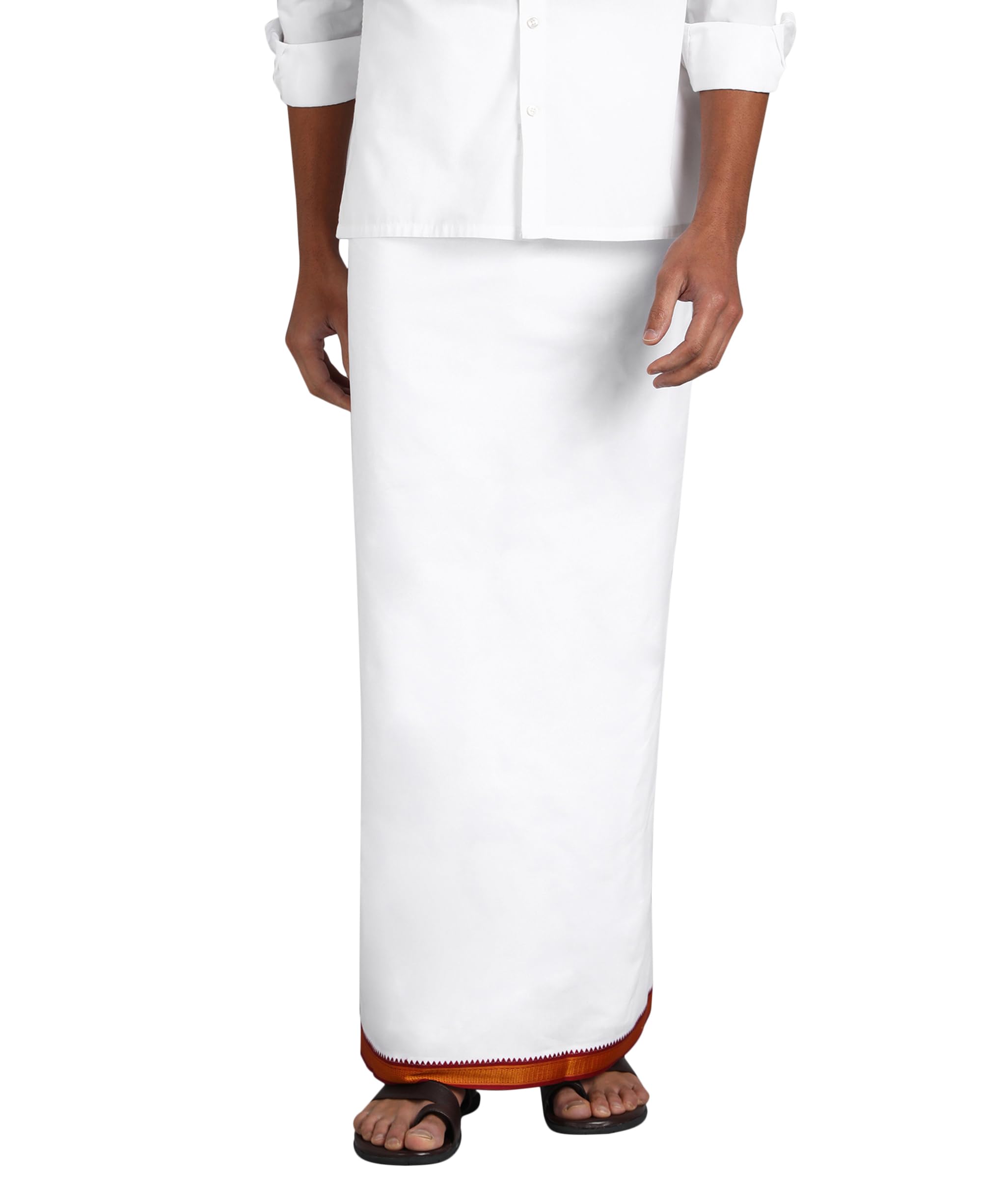 akeshavam Men's White Cotton Thalapathy Border Lungi | 2.25 Meter Striped Solid Design with Drawstring Waistband | Elegant Ethnic Wear for Festivals-picture-32