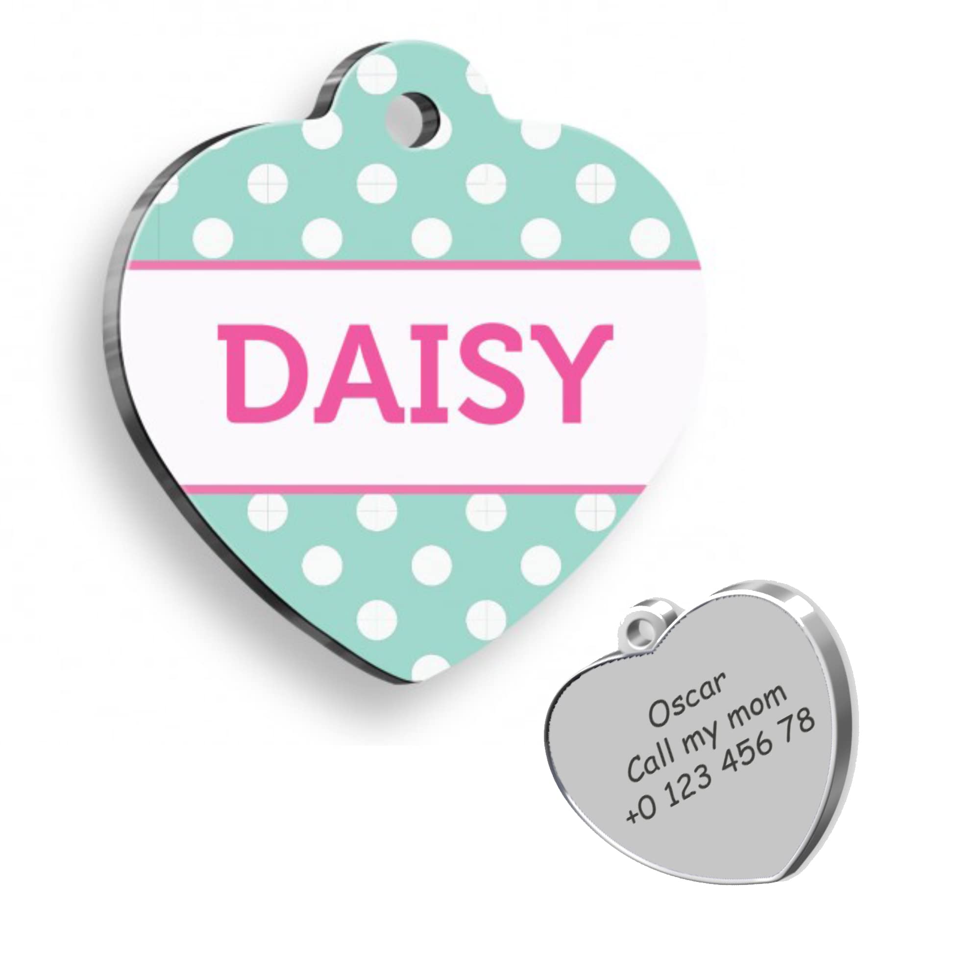 Mint Pink Polka Dot Heart Personalized Dog Tag - Custom Name Tag - ID Tag for Dog & Cat - Customized Pet Tags - Dog Name Tag - Cat Name Tag - Engraved Dog Tag
