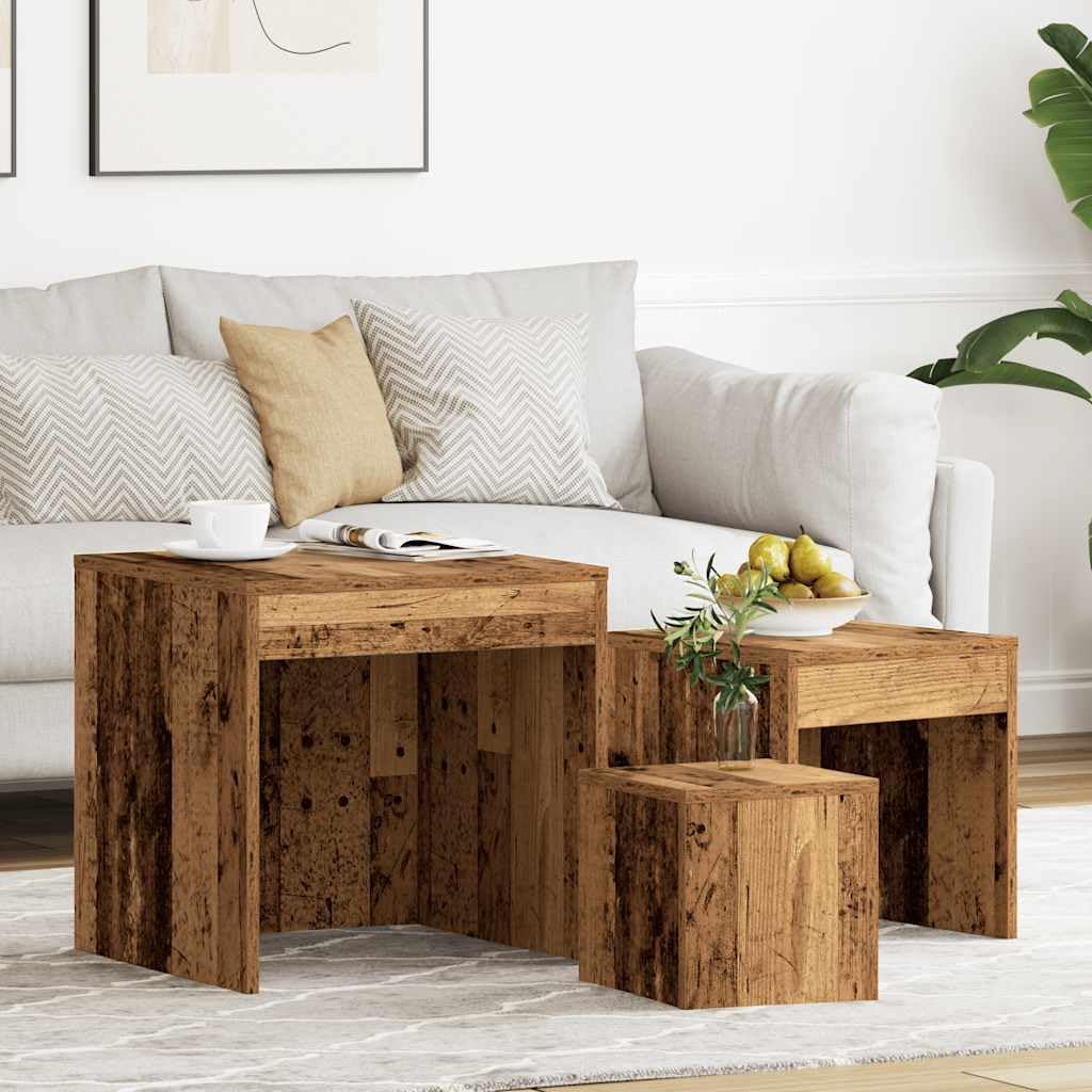 SXZenSpace Nesting Tables 3 pcs Old Wood Finish Engineered Coffee Side End 45 x cm Large 35 & 24 Small Stackable for Living Room Bedroom Hallway