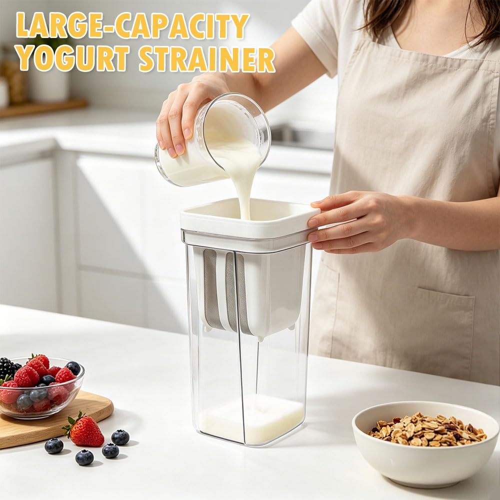 Colino per Yogurt Greco Colino per Yogurt da 2000 Ml con Coperchio Erogatore Yogurt Filtro con Acciaio Inossidabile Maglie e Coperchio per Filtrare Succhi di Frutta, Latte