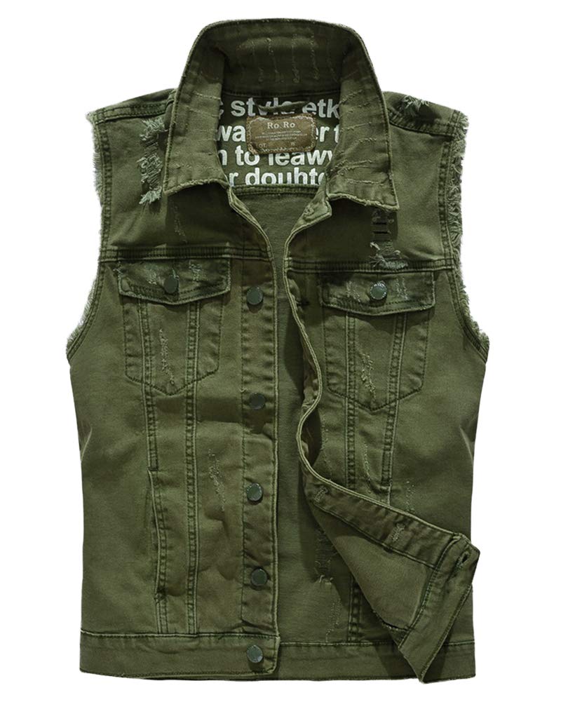 AnyuA Mens Sleeveless, Denim Waistcoat, Destroyed Jacket, Comfortable, Vest Top Green L