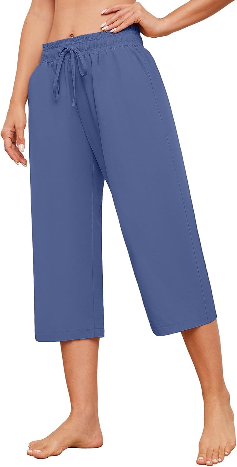 Larmliss Womens Capri Pants Casual Wide Leg Drawstring Elastic Waist Loose Lounge Cropped Pants with Pockets