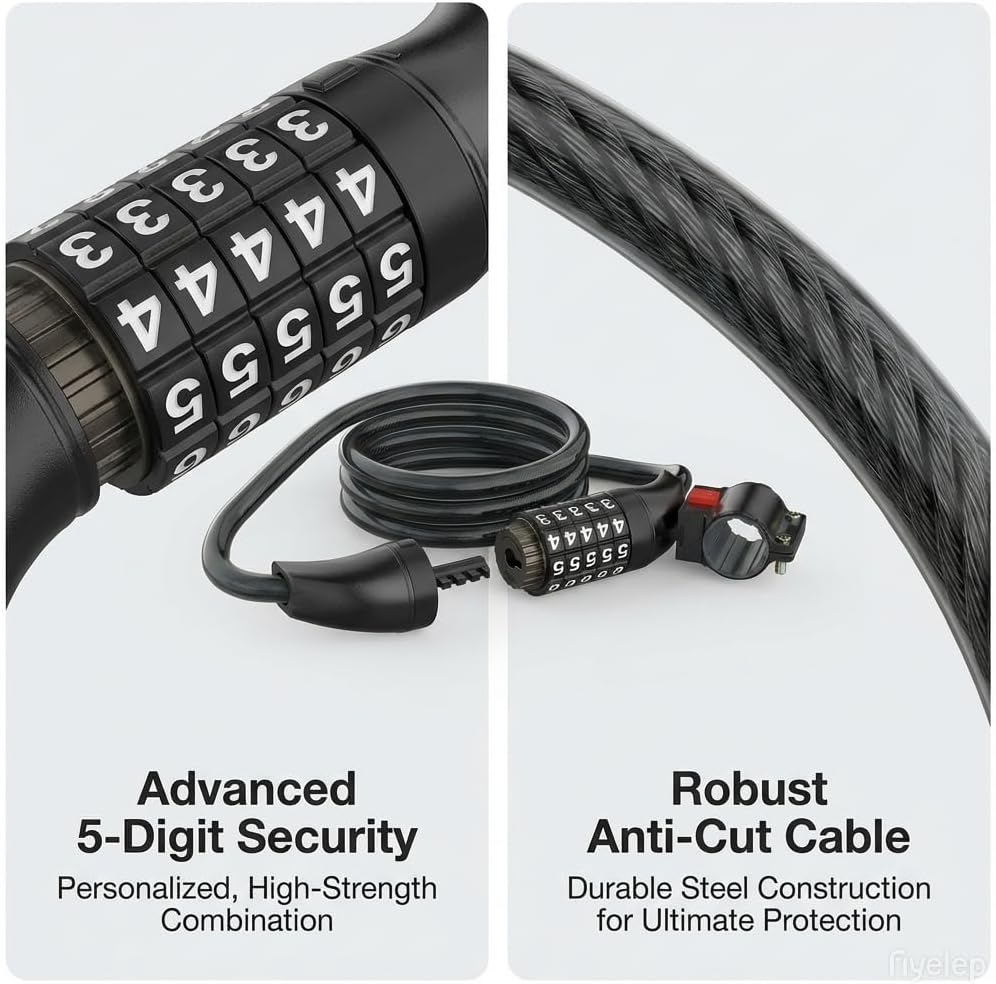 Bike Cable Lock for Electric Bicycles - 5-Digit Resettable Combination Lock, Waterproof and Durable, Ideal for Secure Parking, Easy to Use