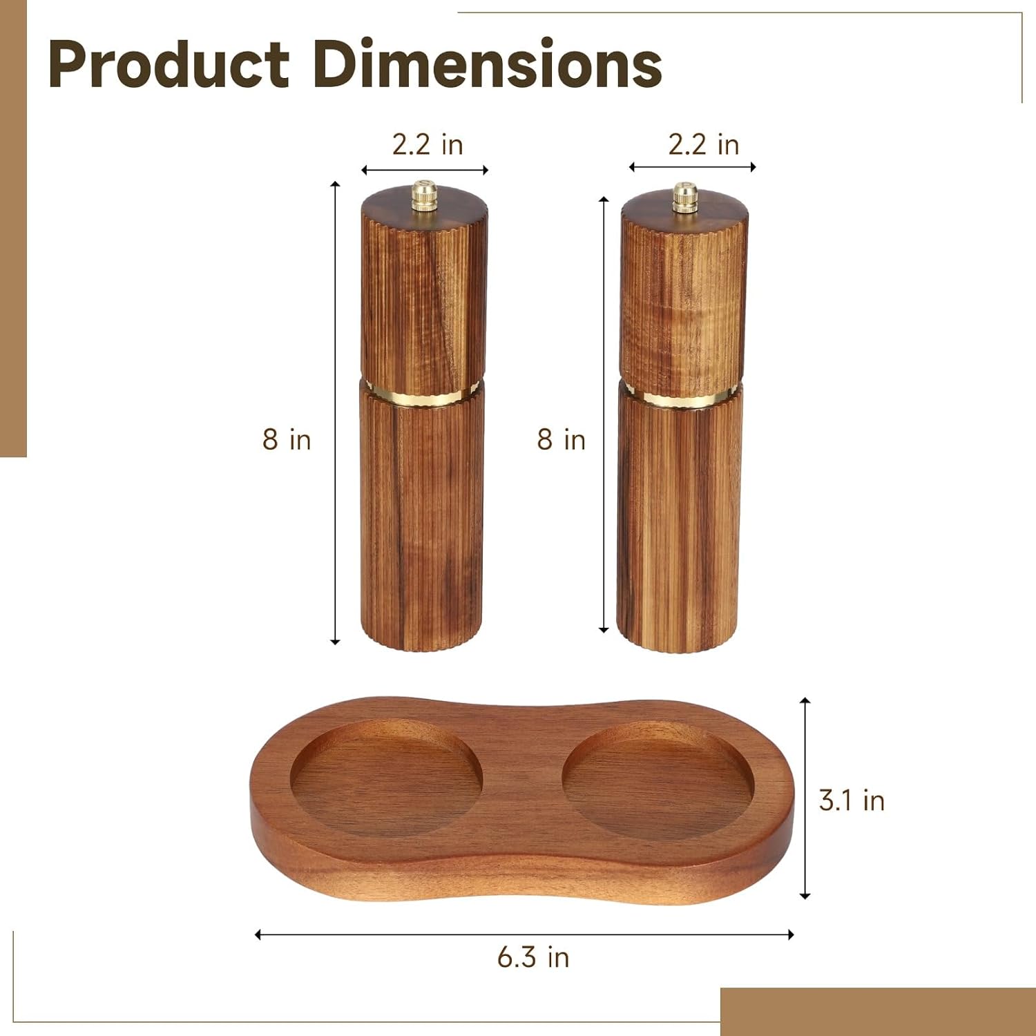 Salt And Pepper Grinder Set, Wooden Manual Mills, Adjustable Coarseness, Refillable With Natural Wood, Includes Tray For Kitchen And Dining