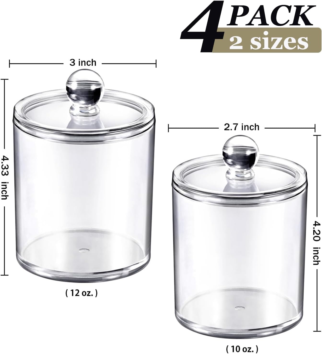 SheeChung 4 Pack Clear Acrylic Qtip Holder with Lids for Bathroom